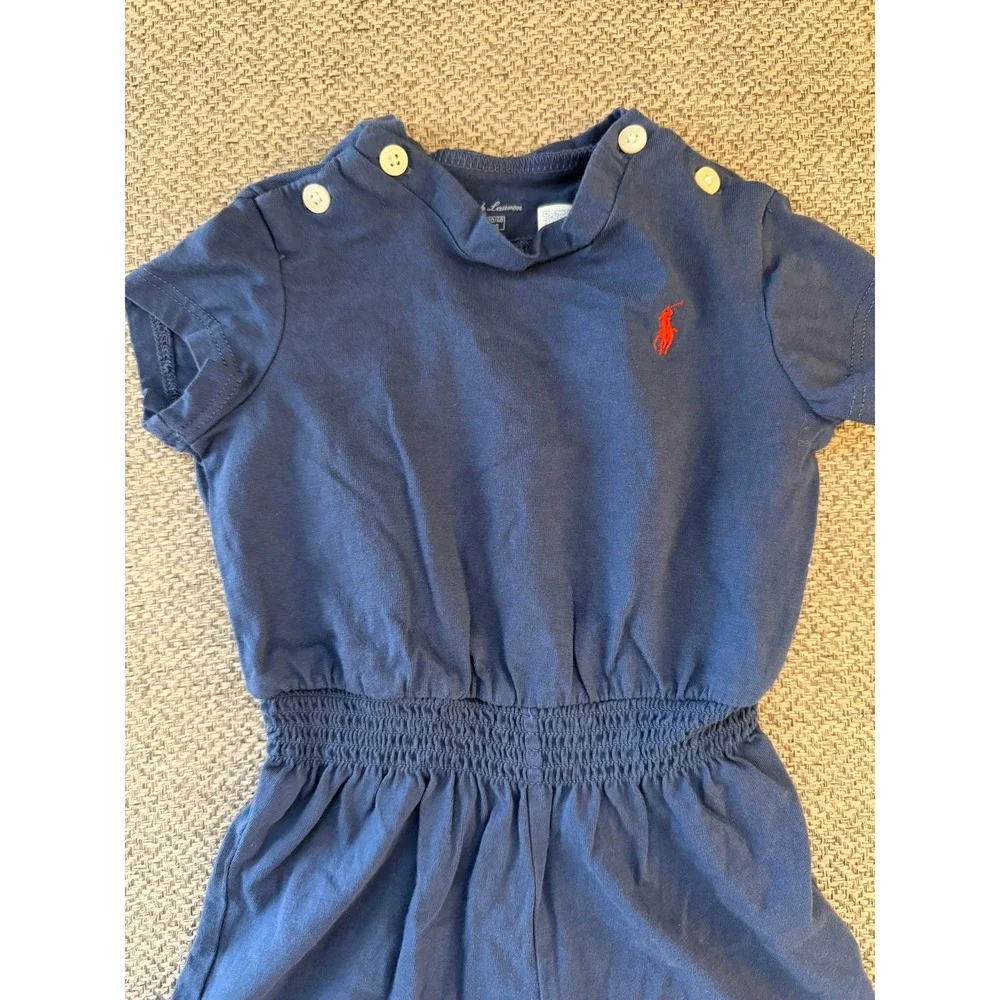 Ralph Lauren Baby Girls Blue Cotton Red Pony‎ Cap Sleeve Playsuit Romper 12M